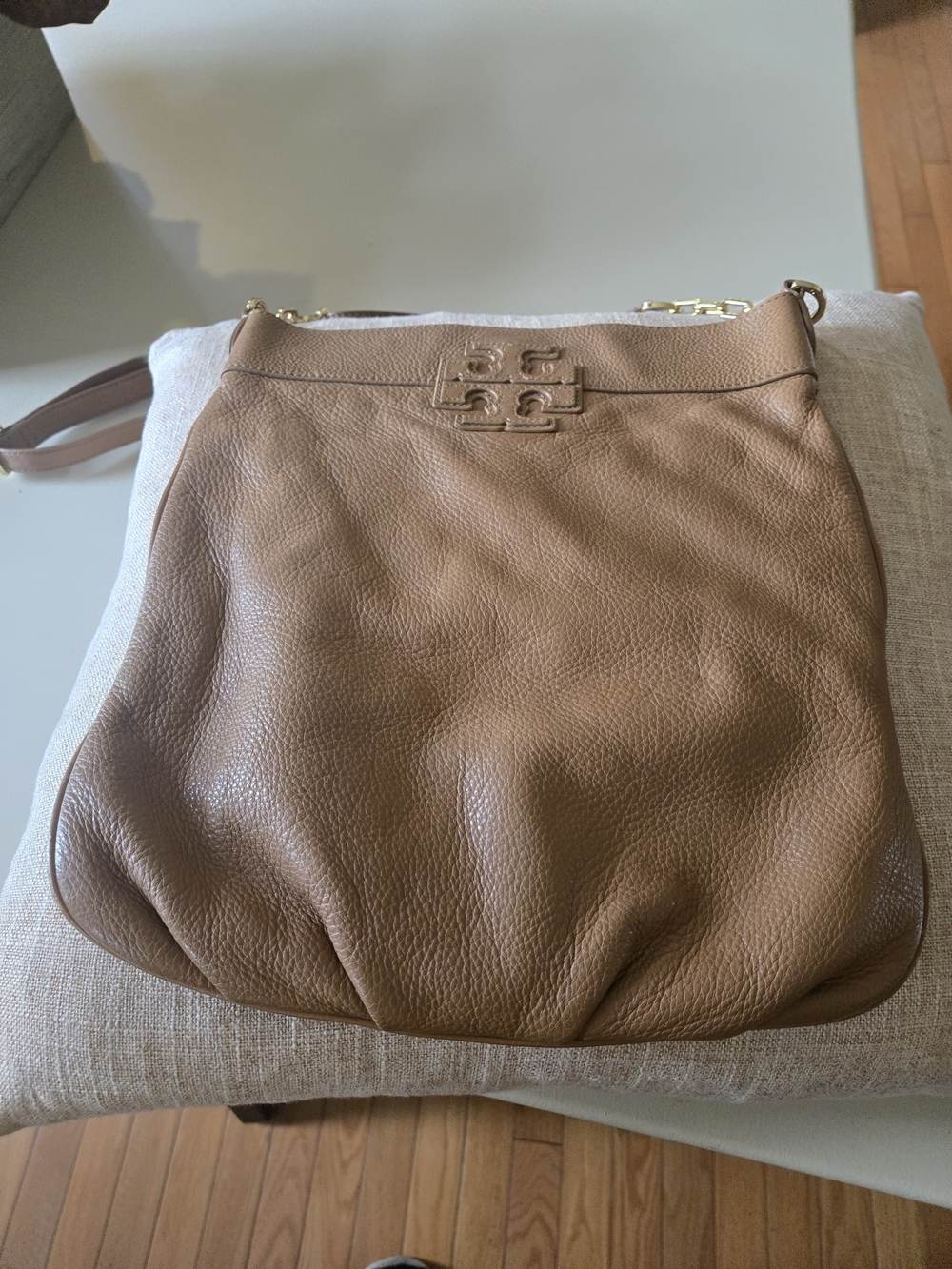 Tory Burch Tan Pebbled Leather Crossbody with Logo Plaque